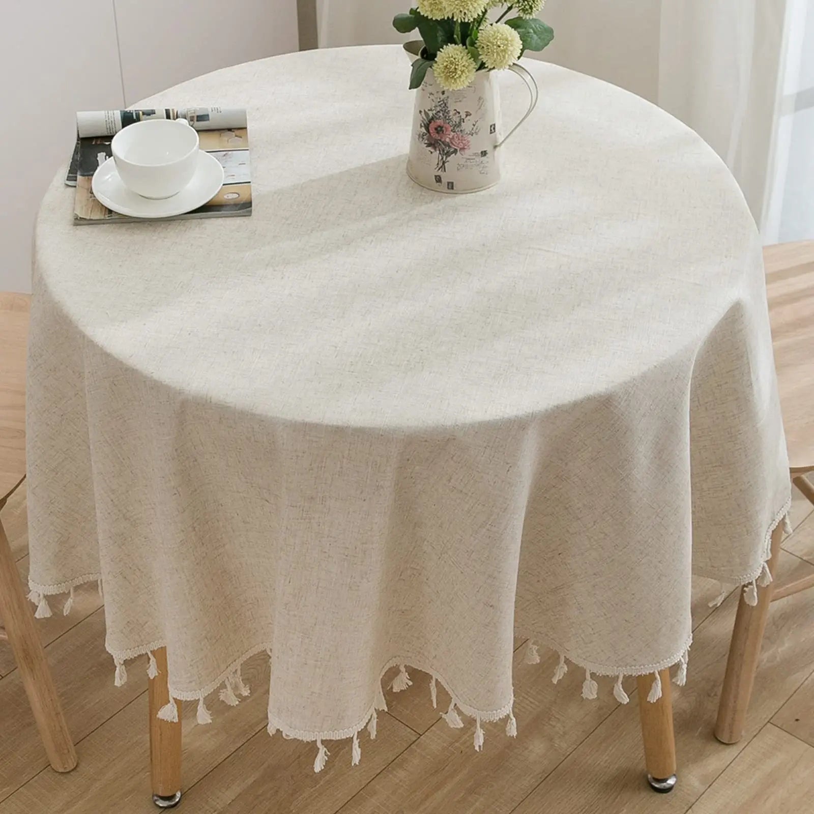 Round Tablecloth Solid Color Tassel Cotton Linen Table Cover for Kitchen Dining Party Farmhouse Tabletop Decoration Accessories