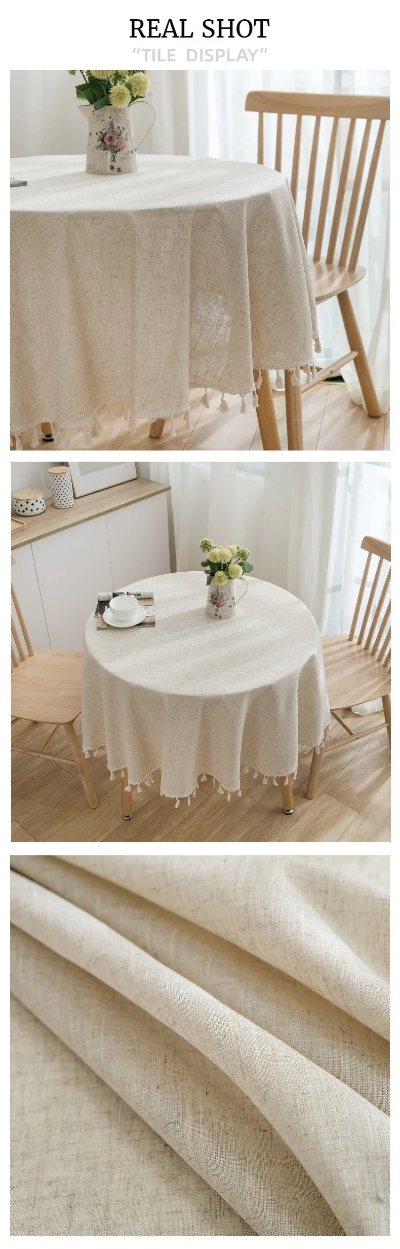 Round Tablecloth Solid Color Tassel Cotton Linen Table Cover for Kitchen Dining Party Farmhouse Tabletop Decoration Accessories